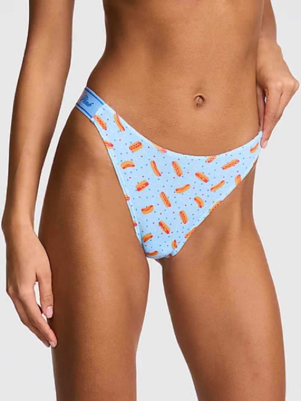 PINK Victoria's Secret Cotton High-Leg Thong Panty in Blue Dancer Hot Dog Print